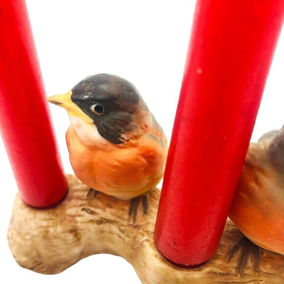 Vtg Lenox Japan Ceramic 3 Song Birds on Log Candle Holder w/ 5 Red Tapers - Picture 4 of 10